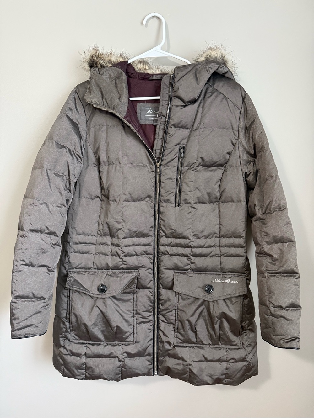 Eddie Bauer Yukon Classic Down Parka Coat Womens Silver Gray Faux Fur Hood PXL